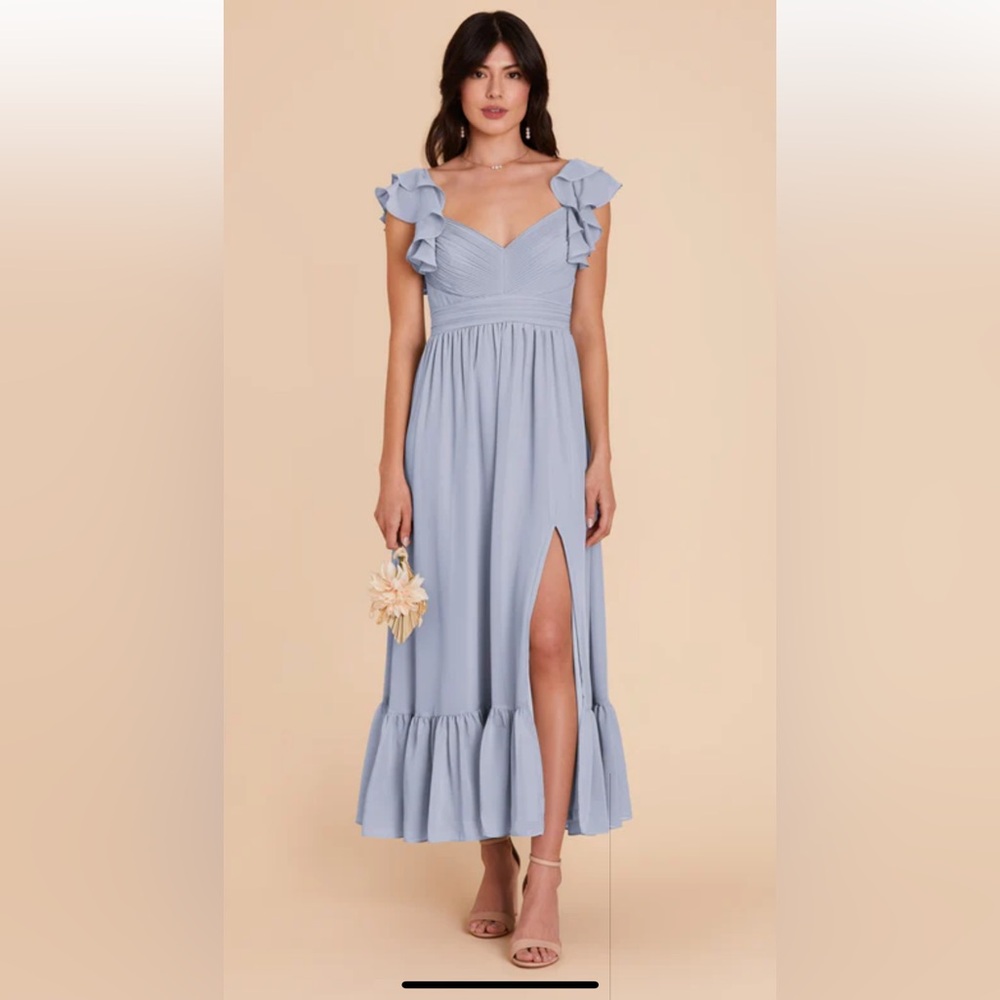 Elegant Dusty Blue Ruffle Sleeve Dress